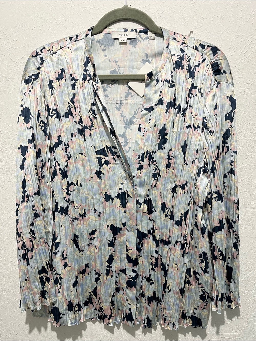 Vince Lotus Pleated Floral V-Neck Blouse in Light Blue, Navy and Pink